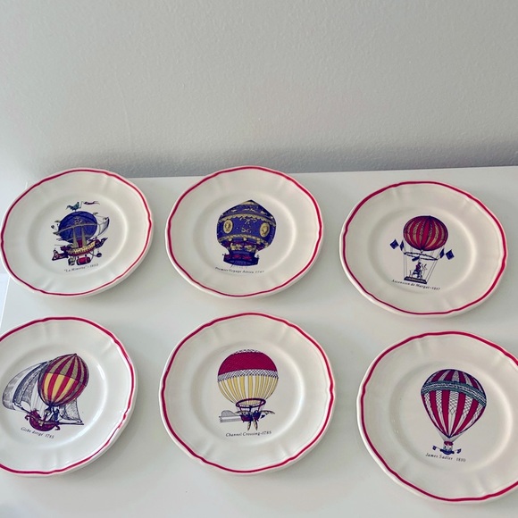 Vintage set of 6 Hand painted Ceramic Hot Air Ballon Plates Longchamp France - Picture 9 of 9